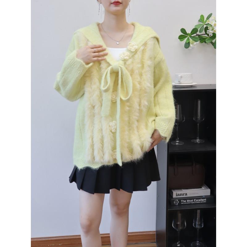 

Осень и зима новый кардиган из шерстяного трикотажа с темно-синим воротником и трехмерной цветочной вставкой, свободный, мягкий и ворсистый свитер-жакет для женщин one size fits all жёлтый