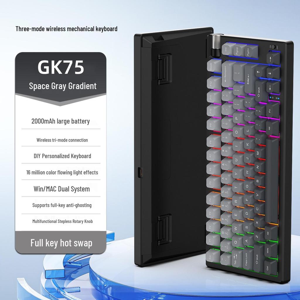 Three-Mode Wireless Mechanical Keyboard - GK75 Hot-Swappable, E-sports Gaming, Blue/Red Switch