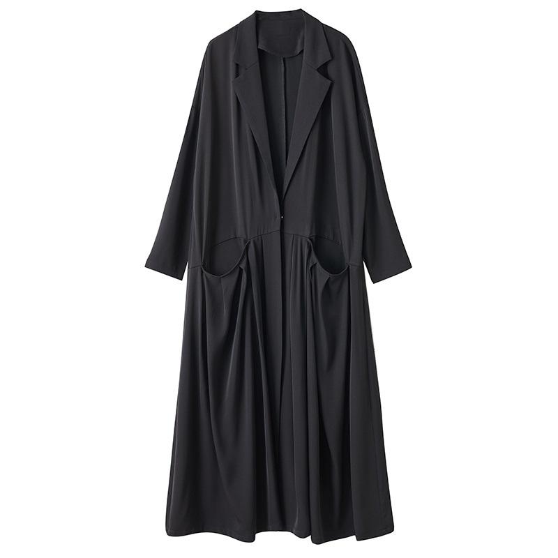Długi rękaw oversize vintage Czarny casualowy luźny jesienno-wiosenny trencz dla kobiet Odzież wierzchnia