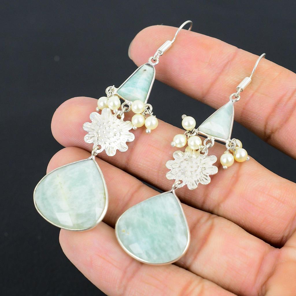 Natürlicher Amazonit Edelstein 925 Sterlingsilber Hängeohrringe für Mädchen