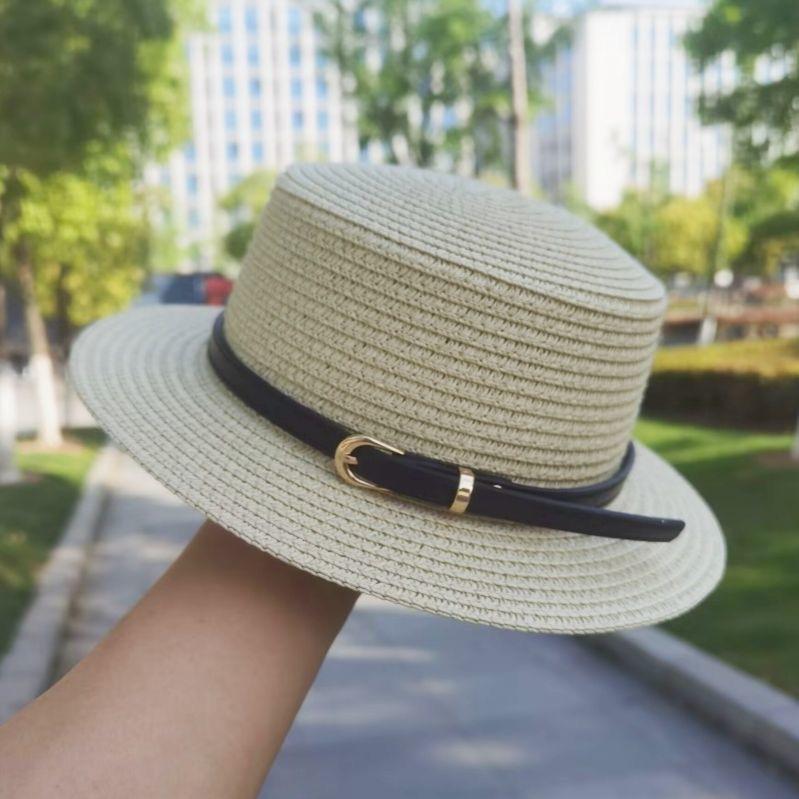 Flat-top straw hat women's straw top hat, new summer big-brimmed sun hat, seaside vacation sun hat