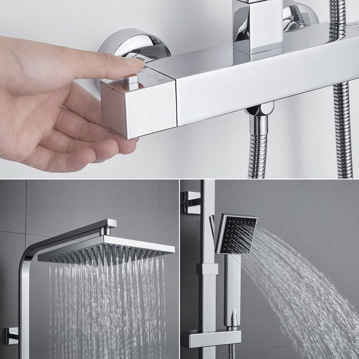 Shower Column - Auralum - Thermostatic Mixer - Square 20 Cm Overhead Shower - Chrome - Adjustable Height