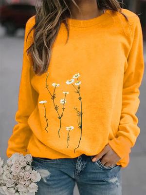 Women Winter Clothing Floral Printed Casual Sweatshirt Long Sleeve Tops T-shirt Ladies Round Neck Pullover Sweater