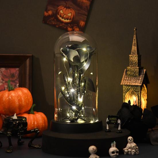Preserved Black Roses in Glass Dome Halloween Light-up Eternal Flower in Cloche with Skull Pumpkin Statue for Home Kitchen Mantel Tabletop Decor