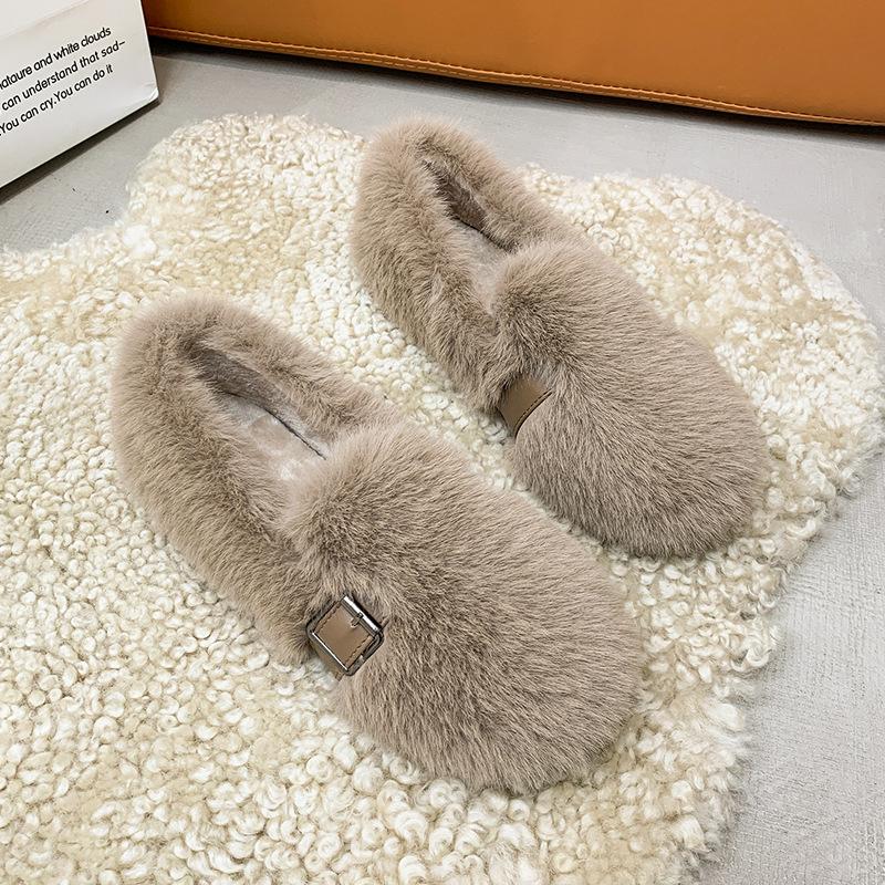 Internet celebrity explosion mink hairy shoes women winter wear belt buckle thick sole velvet bean shoes fairy warm cotton shoes
