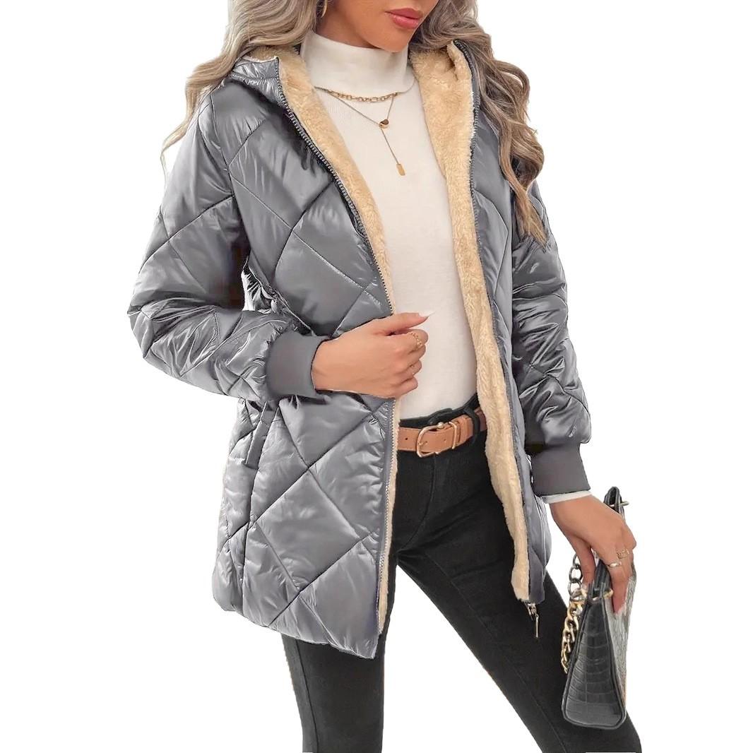 

2026 Autumn/Winter New Thick Hooded Cotton Coat with Diamond Grid Coat L