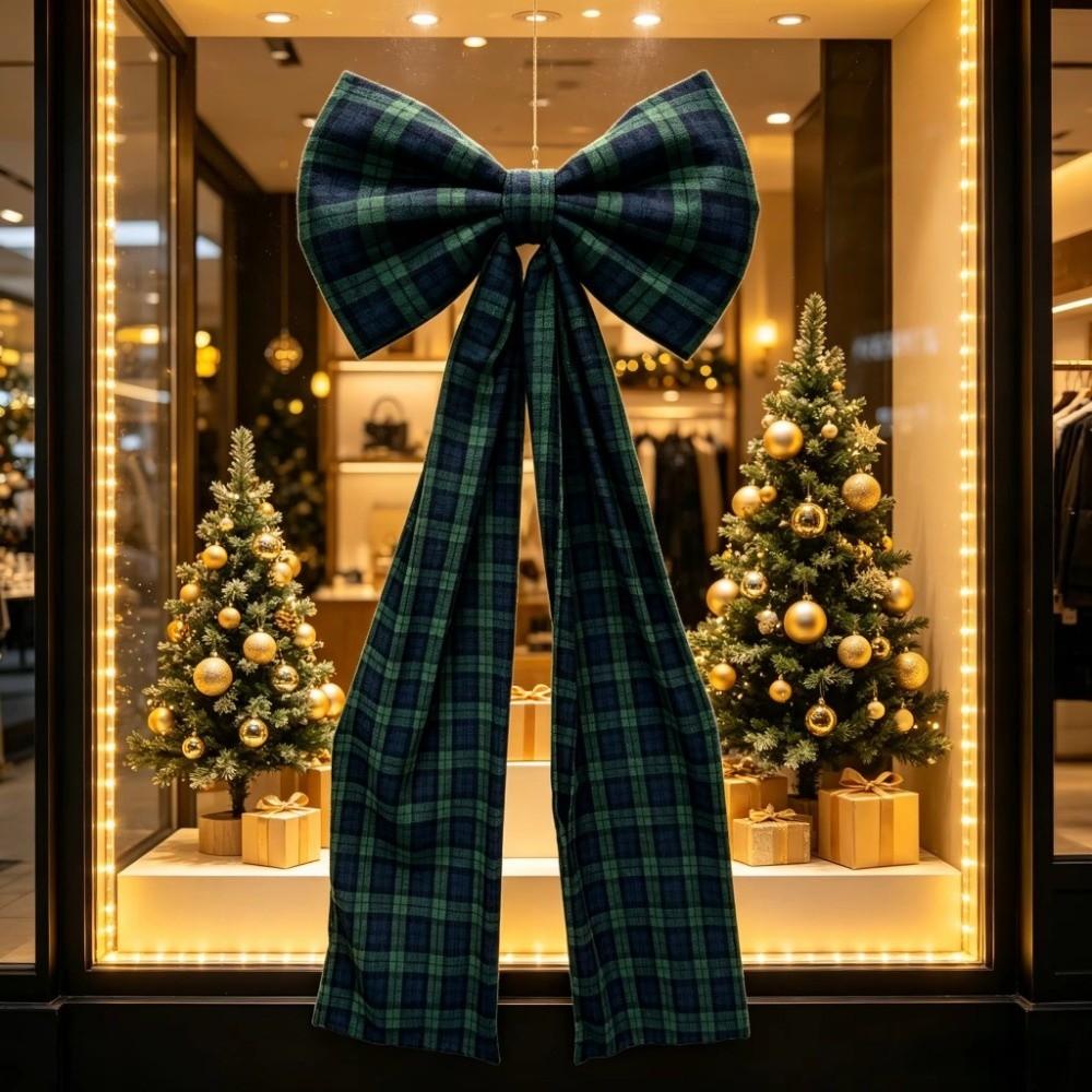Plaid Xmas Tree Topper Bows 40x160cm Giant Ribbon Bowknot Festive Home Decor