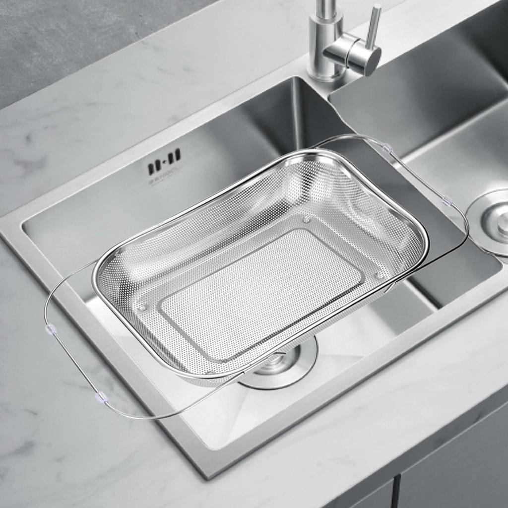 Stainless Steel Over Sink Colander with Telescopic Handle Metal Mesh Strainer Basket for Washing Fruits & Vegetables