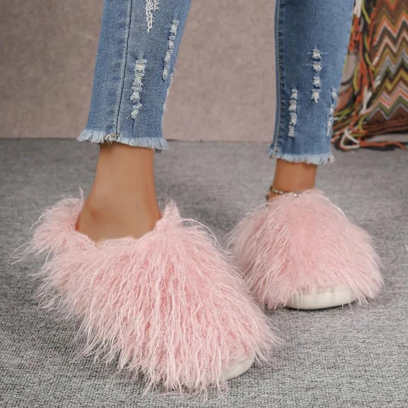 Fashion Womens Shoes New Spring Autumn Fashion Cosplay Luxury Fluffy Faux Fur Flat with Slip-on Basic Casual Soild Round Toe Slippers
