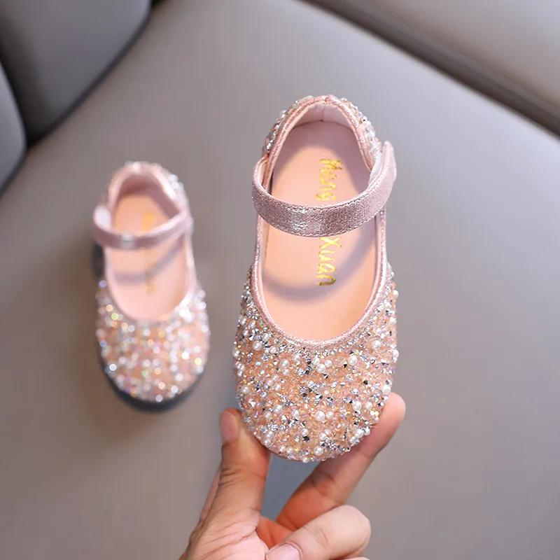 Girls Leather Shoes Children's Lace Butterfly Rhinestone Pearls Beading Performance Single Shoes Fashion Weeding Kids Shoes