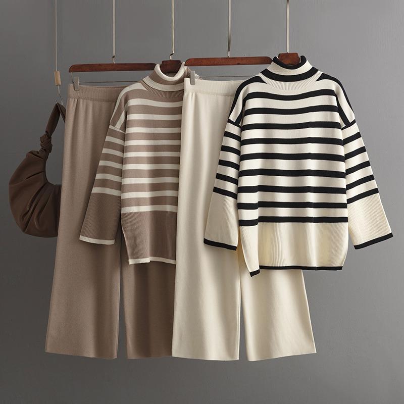 Striped turtleneck sweater women's autumn and winter new loose design knitted sweater pullover two-piece set