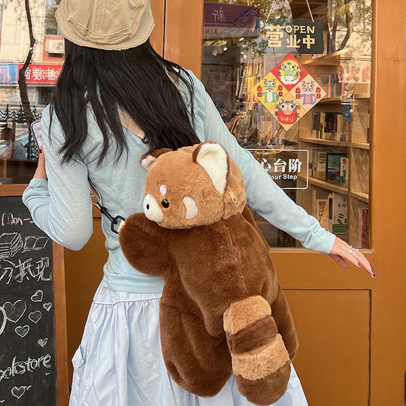 Red Panda Plush Backpack Cute Plushie Doll Women Crossbody Fur Soft Shoulder Bag For Camping Travel Party Female Birthday Gift