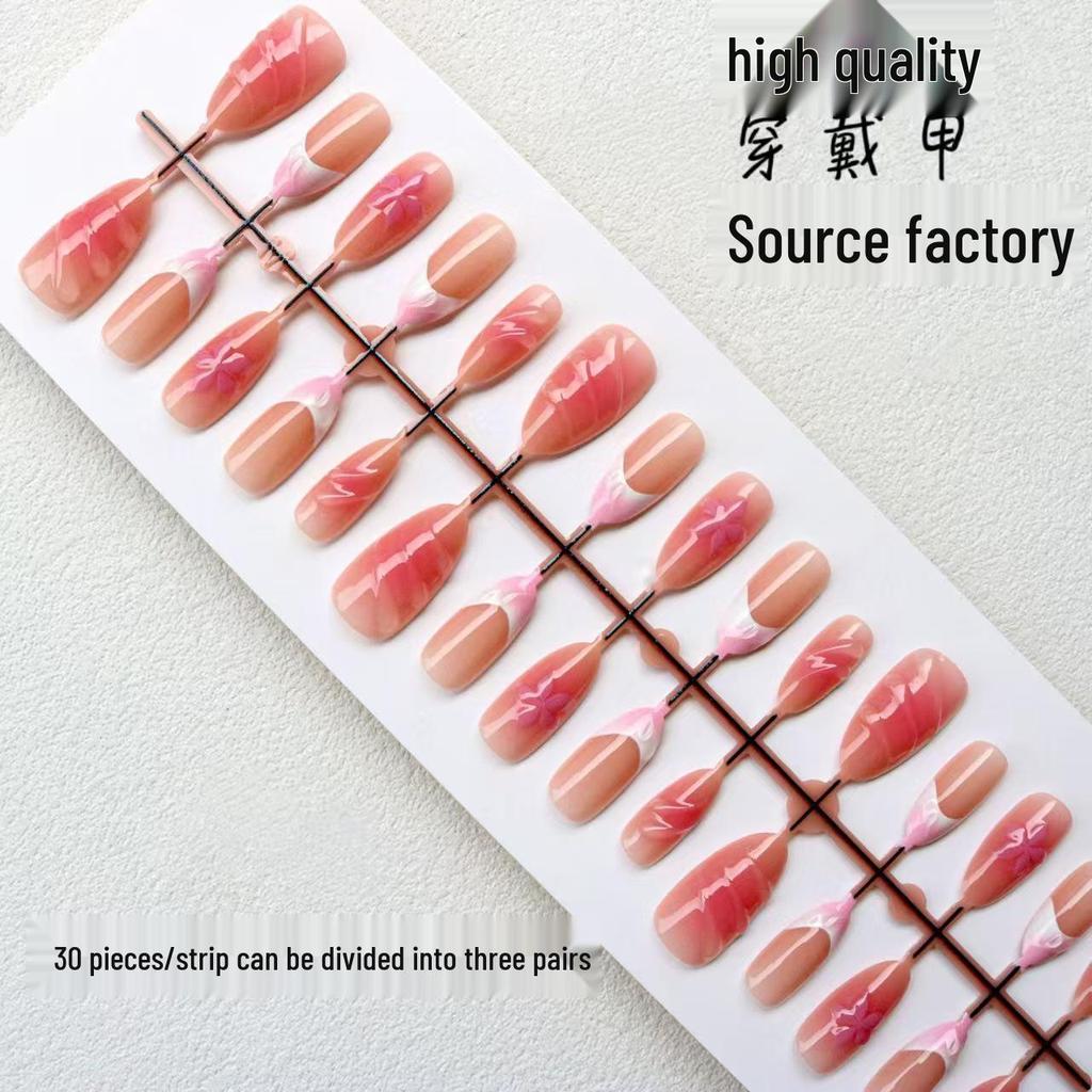 Gradient Flower French Cat Eye Press-On Short Nails - High-End Detachable Nail Art Tips