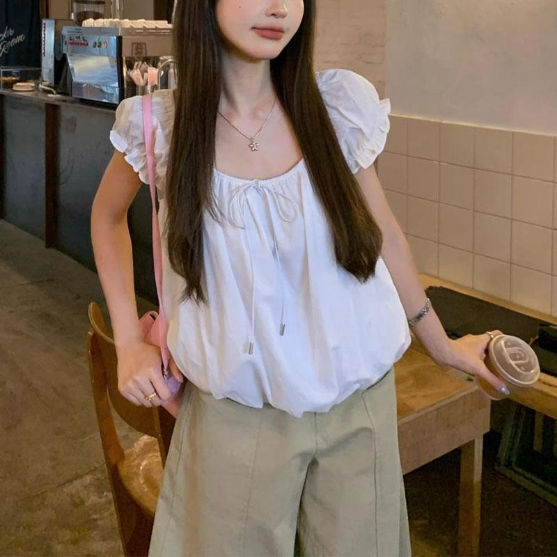 

Модные рубашки с пышными рукавами Женская одежда Сладкий бант на кулиске Летний французский стиль Однотонная базовая свободная блузка-бальное платье S белый