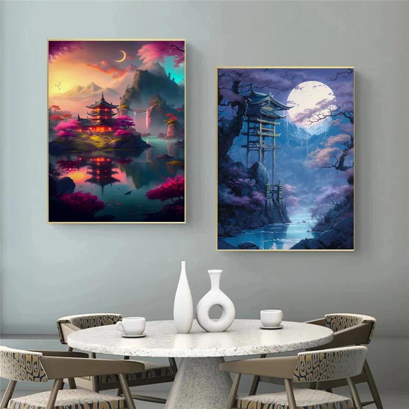 Abstract Art Japanese Fuji Mountain Poster Canvas Cyberpunk Landscape Corridor Wall Decor Picture Living Room Mural