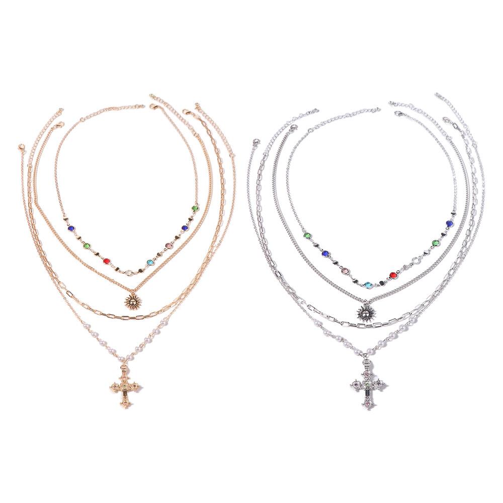 Necklace Set Cross Pendant Necklace Ethnic Style Rhinestone Necklace Love Pearl Necklace  Gift