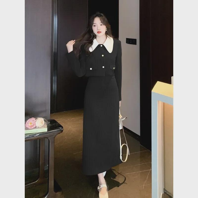 Women's French Retro Corduroy Two-Piece: Doll Collar Short Coat & Slim Long Skirt In Autumn Contrast Colors