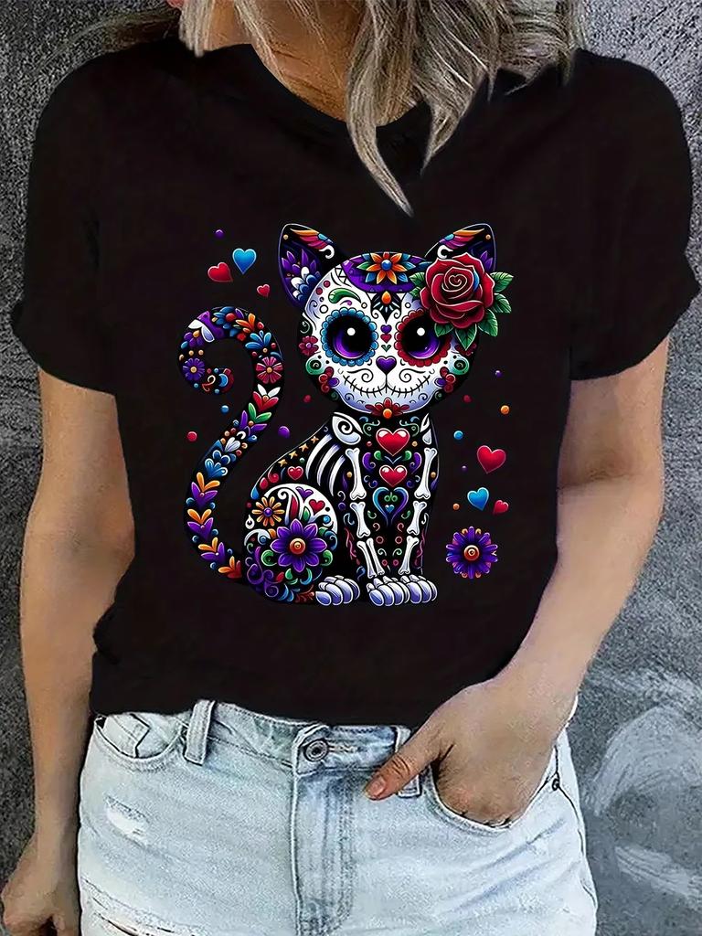 Unisex Day Of The Dead Sugar Skull Graphic Tshirt Mexican Folk Art Skeleton Print Crew Neck Short Sleeve Halloween Casual Tee