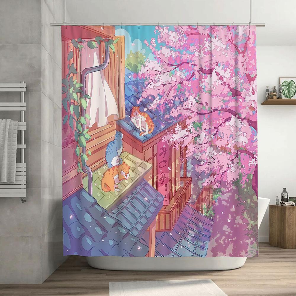 unframed Anime Cat Shower Curtain Japanese Cherry Blossom Decor Washroom Backdrop Cute Pet Themed Home Bathroom Art