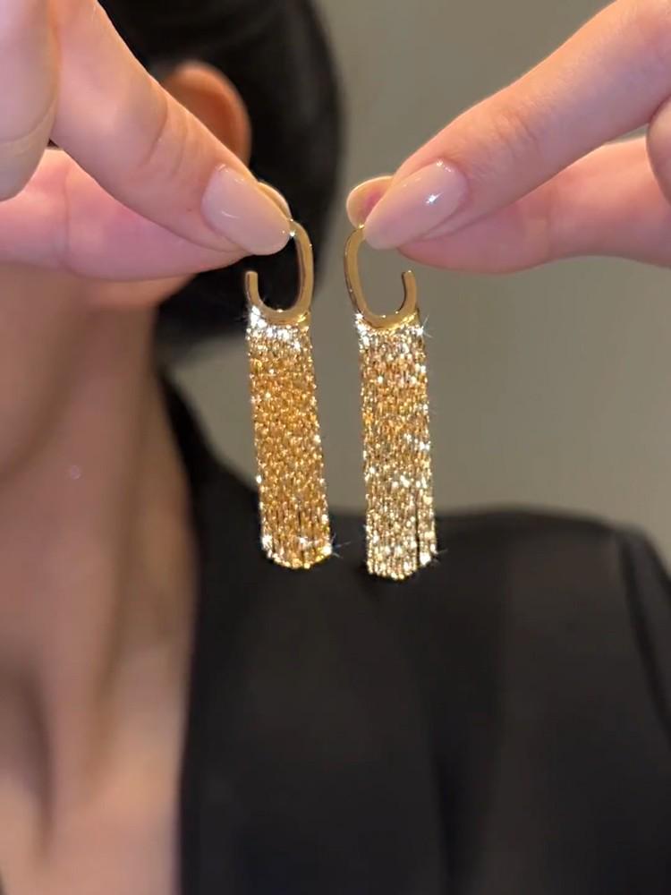 Gold Long Tassel Statement Earrings: Elegant, Big-Face Design, Versatile High-End Women's Trend