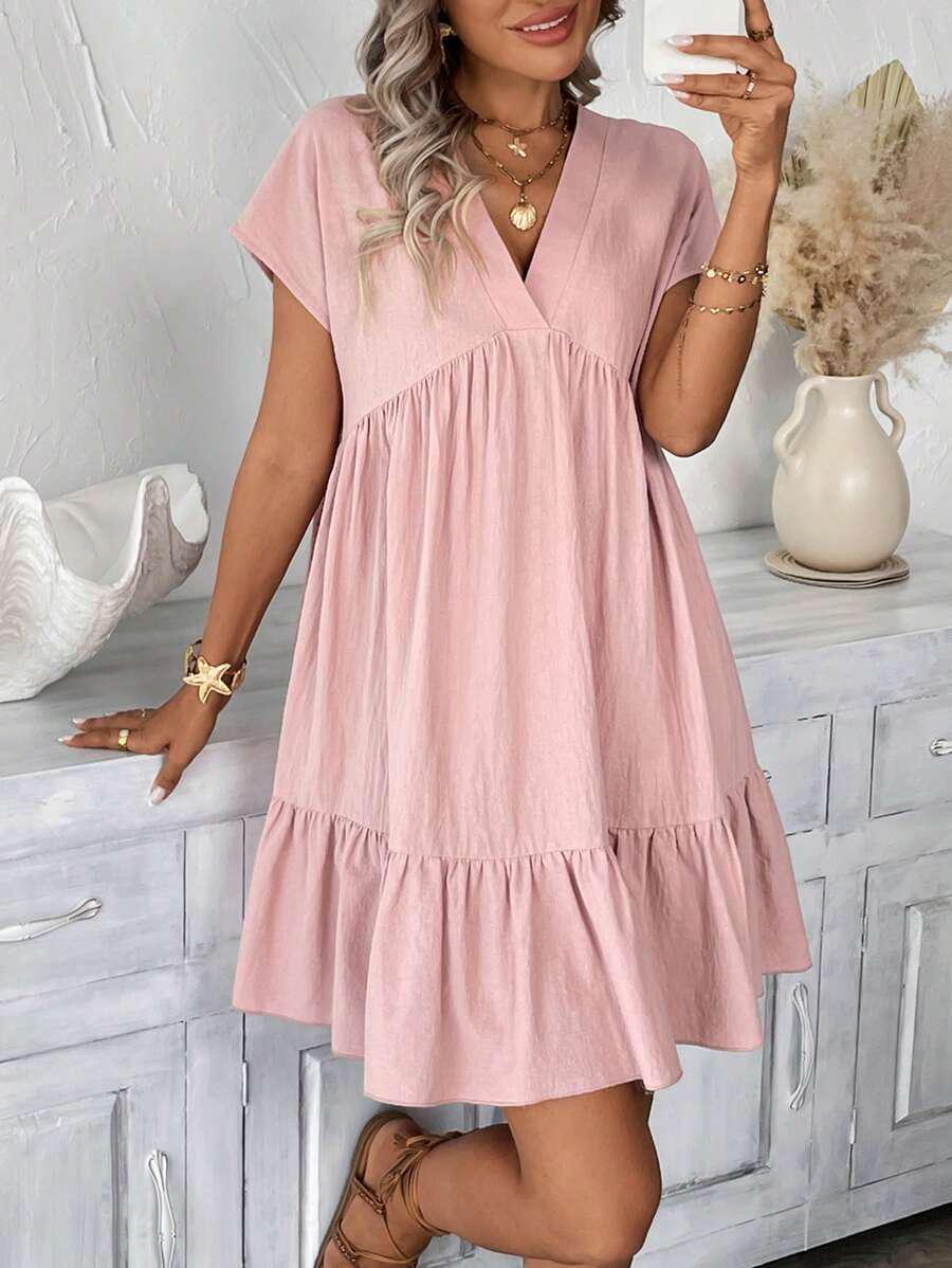 

2026 European and American Women s V-neck Ruffle Hem Summer Dress L рожевий