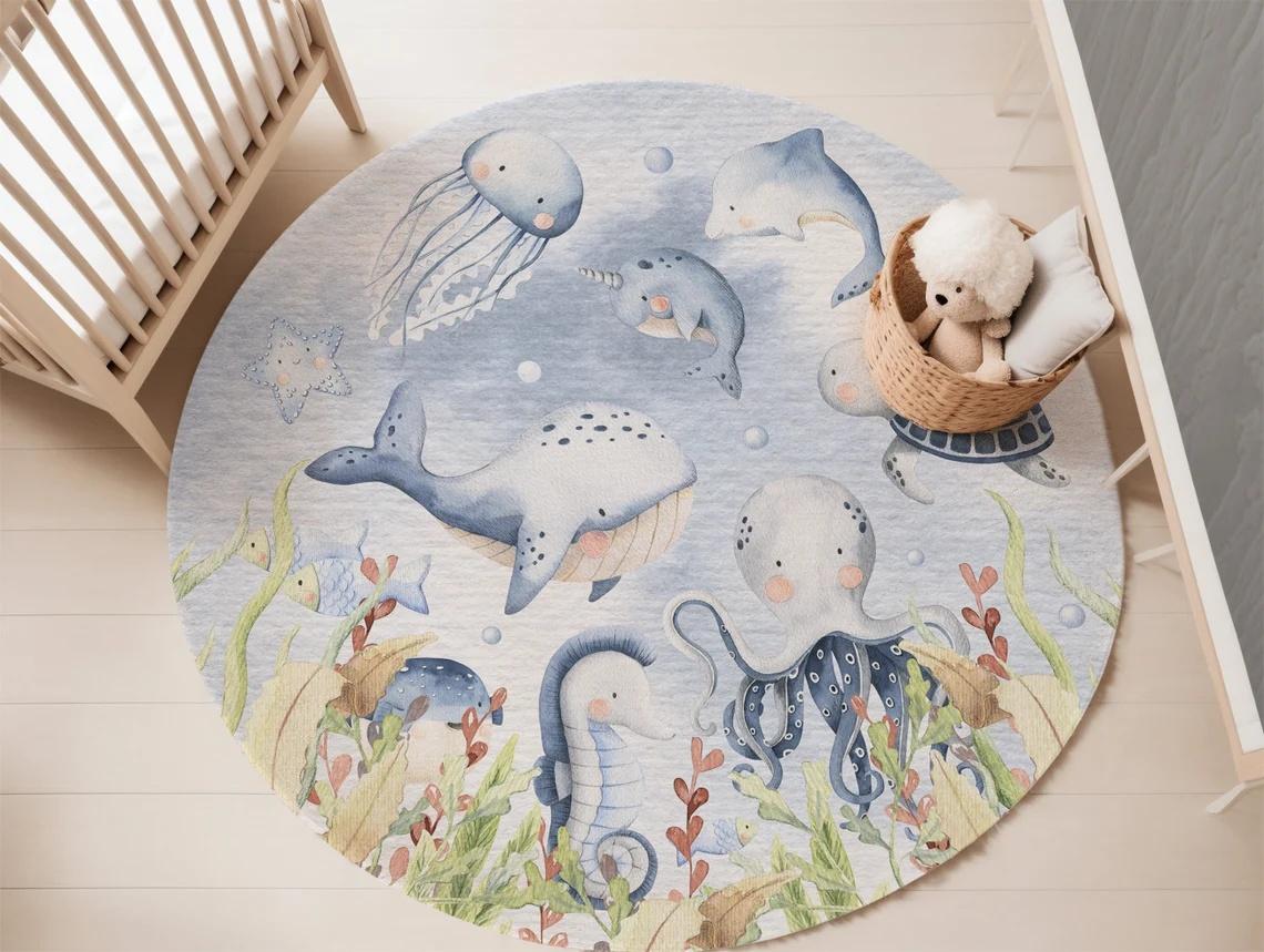

Blue Marine animal Round Carpet for Living Room Baby Girl Room Kids Playroom Mat Bedroom Soft Rug Nursery Decor kid s playmat 80x80cm