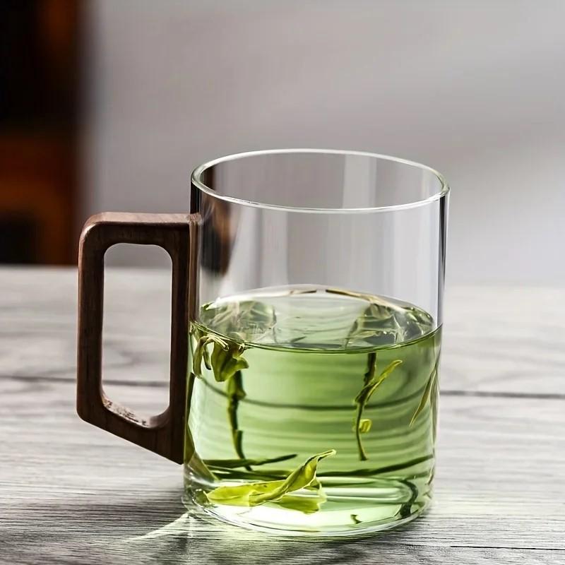 Heat Resistant 100ml Glass Mug with Walnut Handle for Coffee Tea Hot and Cold Drinks Suitable for Home Office Breaks 1/2pcs