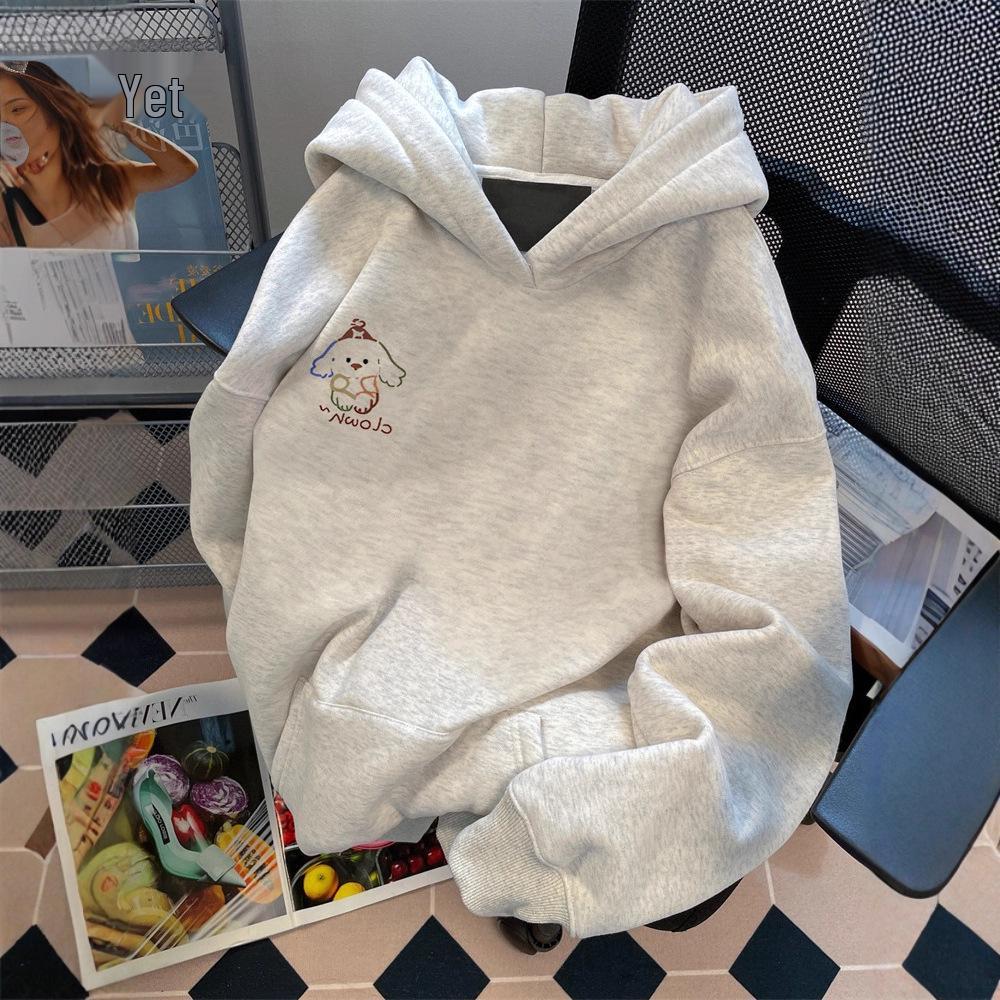 Gray Cartoon Puppy Hoodie for Men & Women - Autumn/Winter Loose Fit Korean Style Vibe
