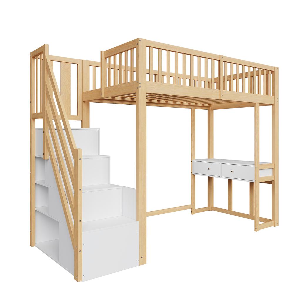 90x200 Loft Bed with Multifunctional Table, Safe Storage Staircase, Bed Frame Made of Solid Pine Wood for Children and Teenagers White
