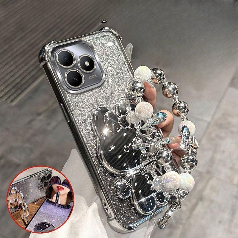 

Чехол для телефона с зеркальным кронштейном в виде кролика для Honor 400 pro 300 200 90 70 Lite X9C X9B С браслетом Амортизирующий чехол с воздушными подушками на четырех углах Case & Holder&Honor X9b серебряный