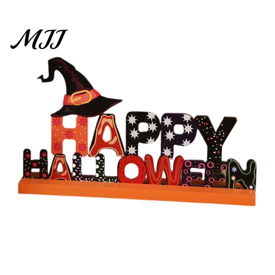 Density Board Craft Ornaments Wooden Halloween Table Ornament, Trick or Treat/Boo/Happy Desktop Decoration Cartoon Ghost Wizard Hat with for