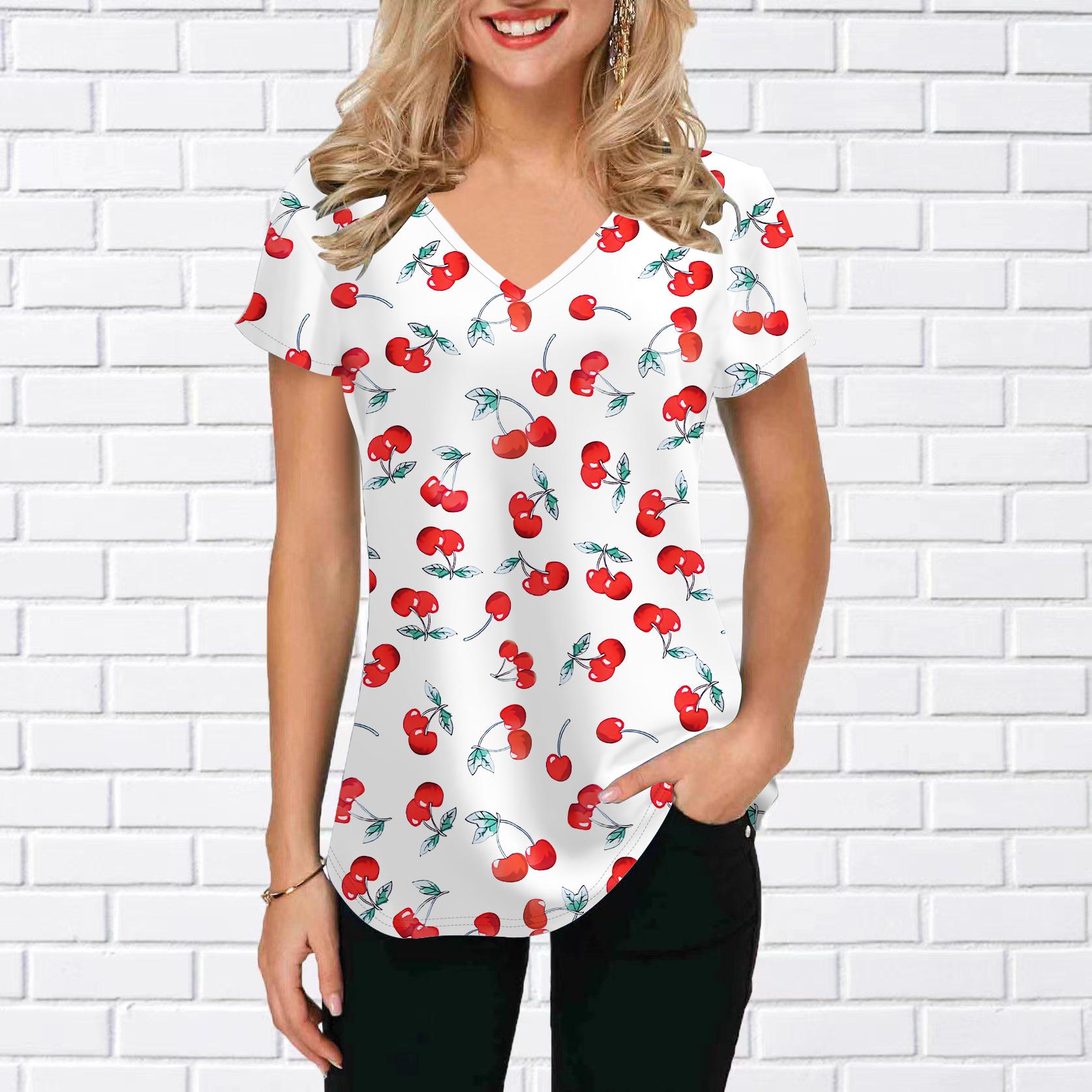 

Жіноча вільна футболка, повсякденна блуза, двоколірні топи з принтом троянд і V-подібним вирізом, короткими рукавами XL червоний