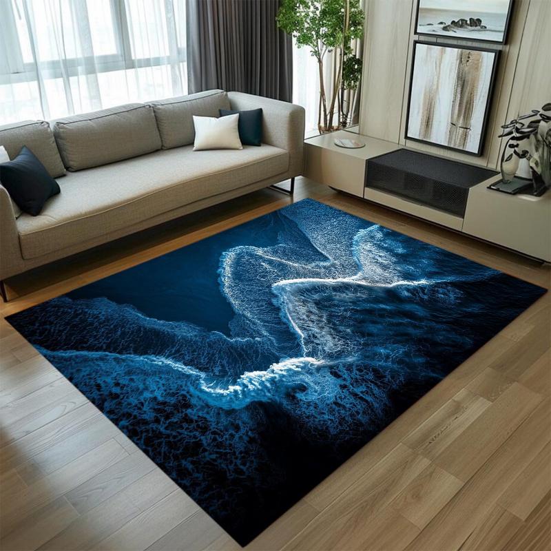 Teppichboden Teppichmatte rutschfest waschbar mit lebensechtem Meereswellen-Druck für Küsten-Strand-Hausdekoration in Blau Weiß