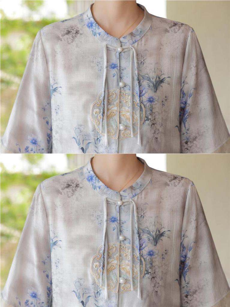 2026 Summer Chinese Style Mid-Sleeve Plus Size Blouse for Middle-Aged & Elderly Women