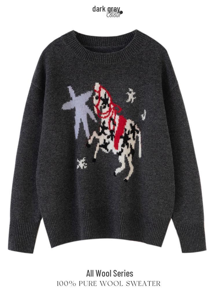 2025 Autumn/Winter Women's Pure Wool Round Neck Jacquard Horse Sweater