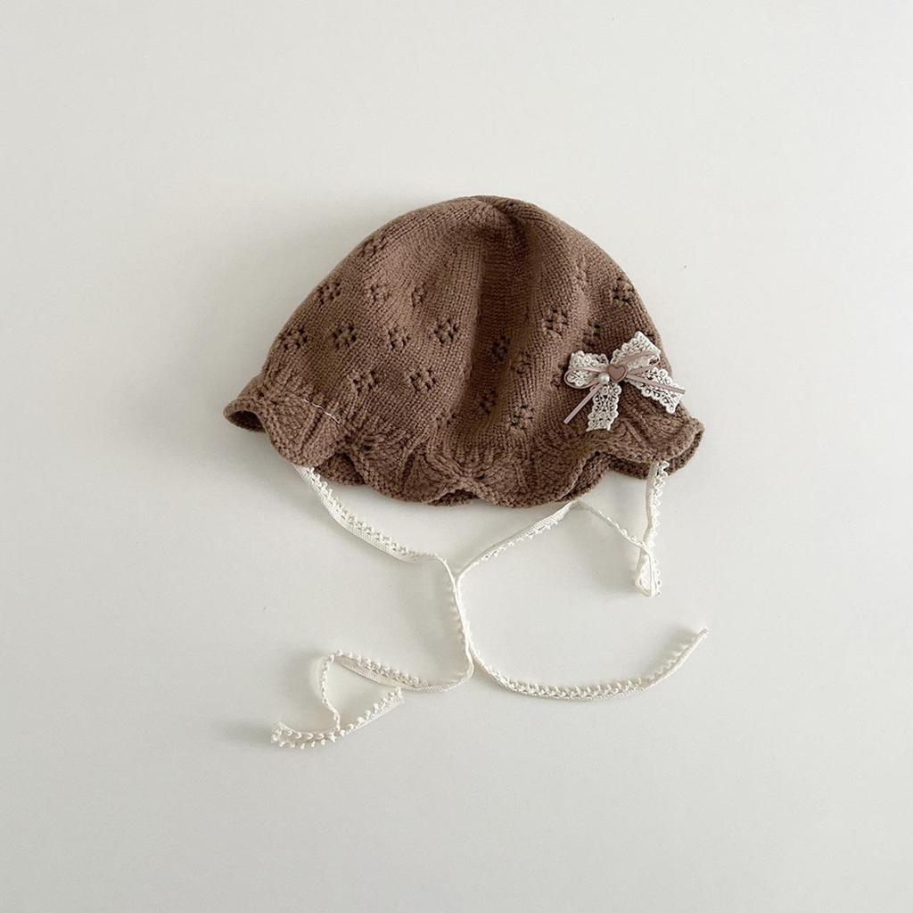 Knitted Woolen Warm Basin Cap for Baby Girls Solid Color Ruffle Brim Fisherman Hats Crochet Lace Princess Bow Crochet Basin Hat
