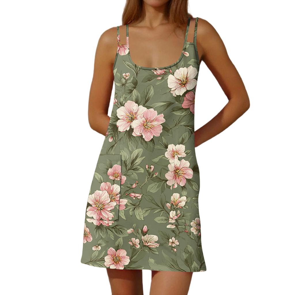 Women's Fashion Casual Floral Print Dress Double Sling Pocket Dress