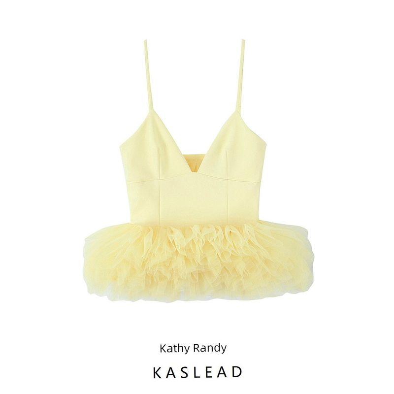 Kaslead New Arrival Women's Clothing Fashion Style Fashion Minimalist Puffy Hem Silk Net Stretch Tops 4772005