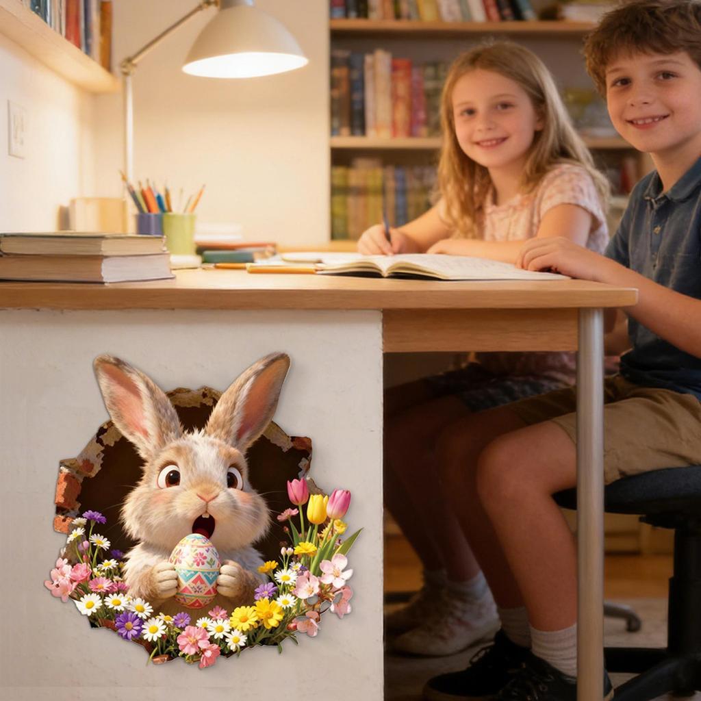 Hole-Punch Easter Bunny Toilet Sticker 3D Visual Effects Decorative Wall Sticker Self-Adhesive Ripped Easter Bunny Decals