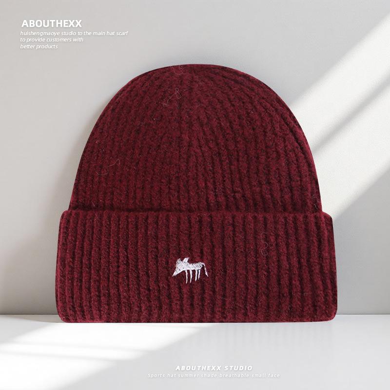 Couple Style Cute Cartoon Little Fox Embroidered Hat for Women Autumn and Winter Warm Knitted Hat Ear Protection Korean Style Woolen Hat for Men