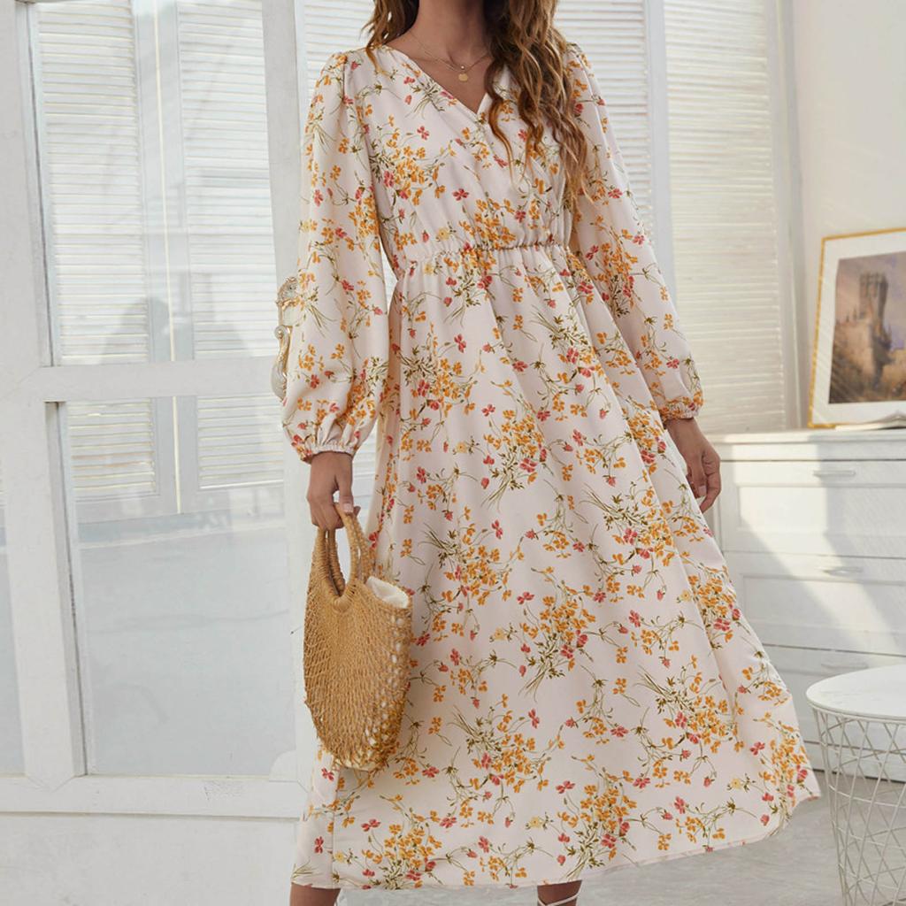 Women's V Neck Long Sleeved Printed Dress main image 0