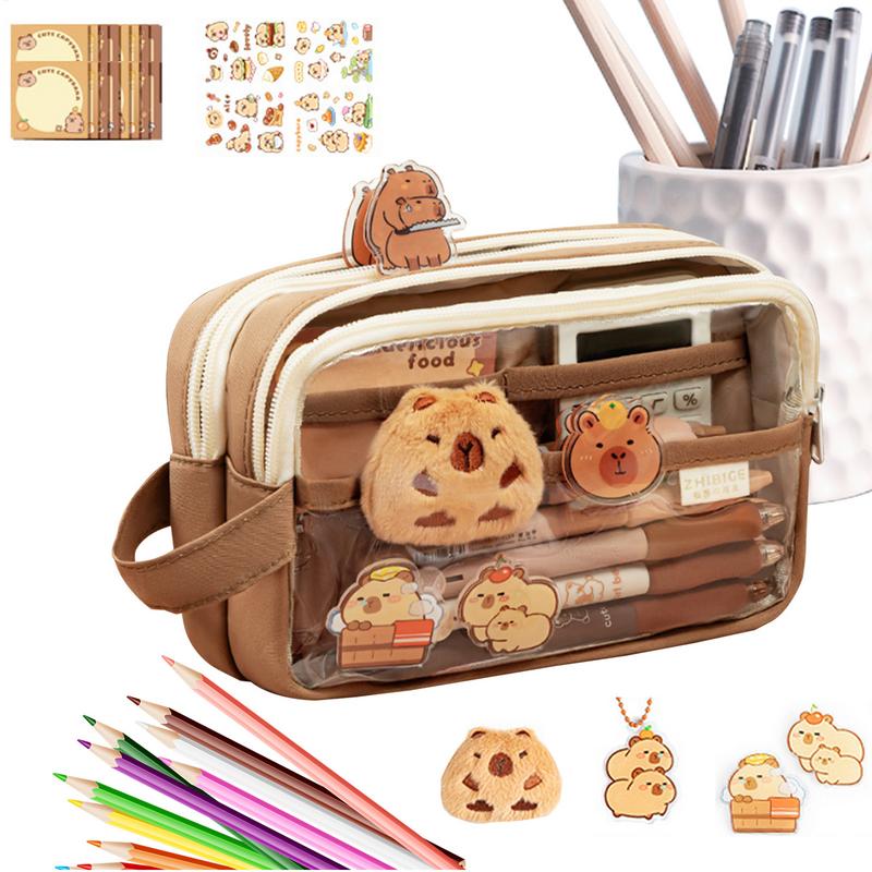 Cute Capybara Pencil Case Clear Aesthetic Pencil Pouch with Cute Capybara Pins Plush Stickers Memo Pad School Supplies Gifts