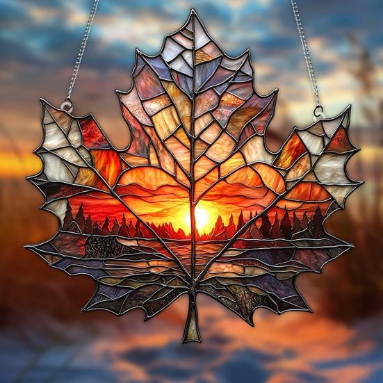 Maple Leaf Sun Catcher Sunset Hanging Decoration Stained Glass Style Acrylic Ornament for Bedroom Kitchen Window Balcony