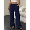 New Women's Casual Solid Color Textured Fabric Knotted Waist Slanted Pocket Wide Leg Pants