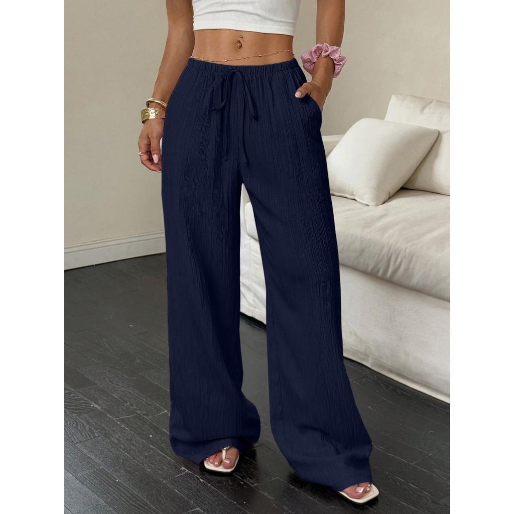 New Women's Casual Solid Color Textured Fabric Knotted Waist Slanted Pocket Wide Leg Pants