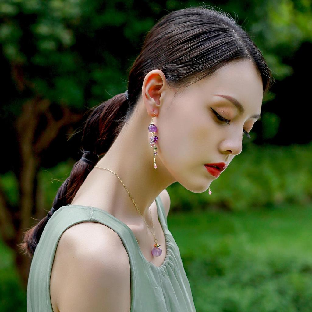 Handgefertigte Haken-Ohrringe aus massivem 925er Sterlingsilber, Amethyst-Perlenohrringe mit natürlicher Turmalin-Quaste, baumelnde Ohrringe für Frauen und Mädchen