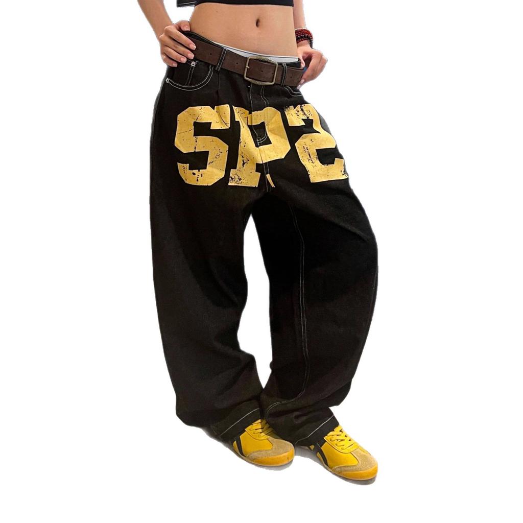 EastRogue Amerikanisch gewaschener Denim Riss-Print Lässige Jeans Locker Herren Damen Locker Schlankmachend Bodenlange Hose Hoher Bund Weiter Bein