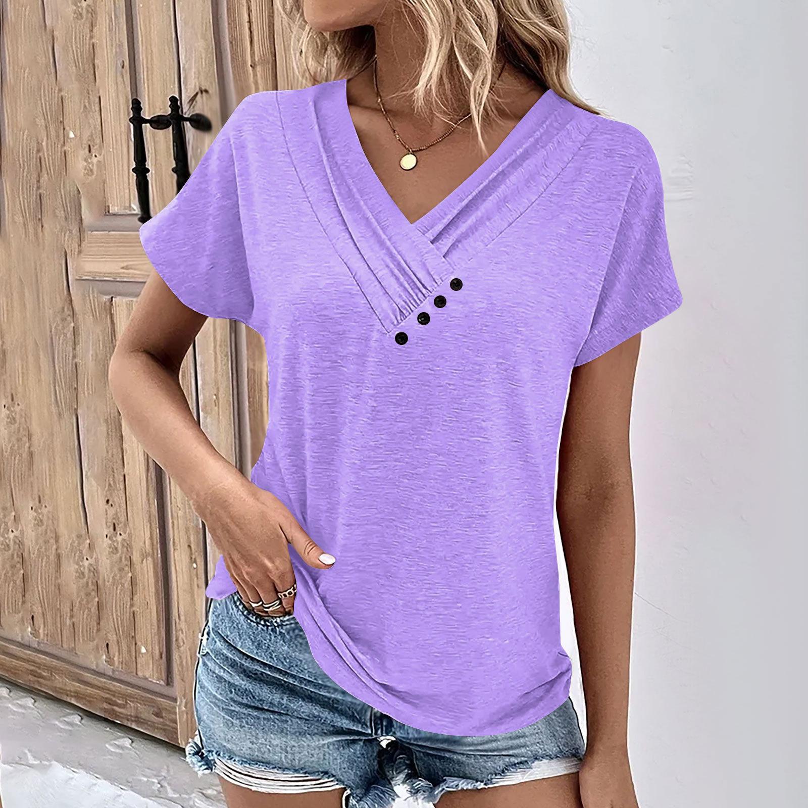 

EastRogue Women s Fashion Casual Summer Spring Solid Color Print Short Sleeve V-Neck Blouses & Shirts XXL
