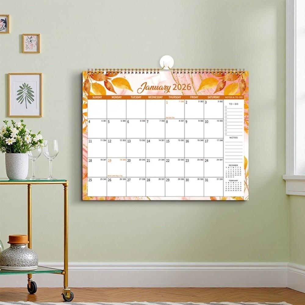 New 2026 Jan.- Dec. Wall Calendar Spiral Binding Flower Pattern Hanging Calendar 12-Month Wall Mount Monthly Calendar Office Use