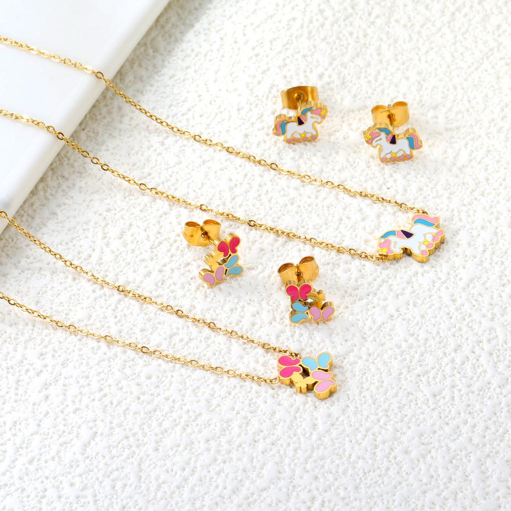 Sweet Butterfly Earrings And Necklace Set Creative Rainbow Unicorn Jewelry For Girls